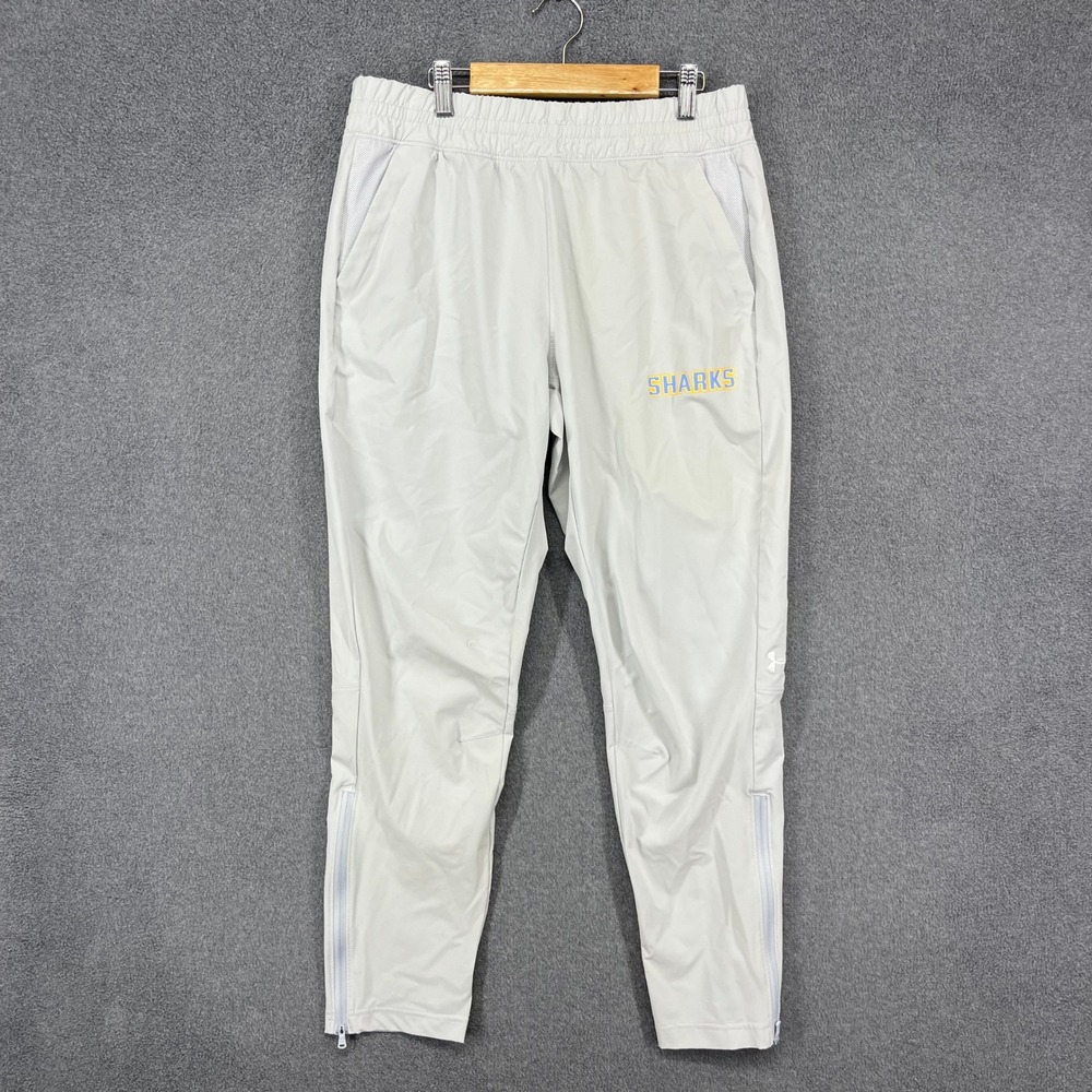 Under Armour Squad Warm-Up Pants Men Medium Gray Sharks Graphic Ankle Zip Jogger